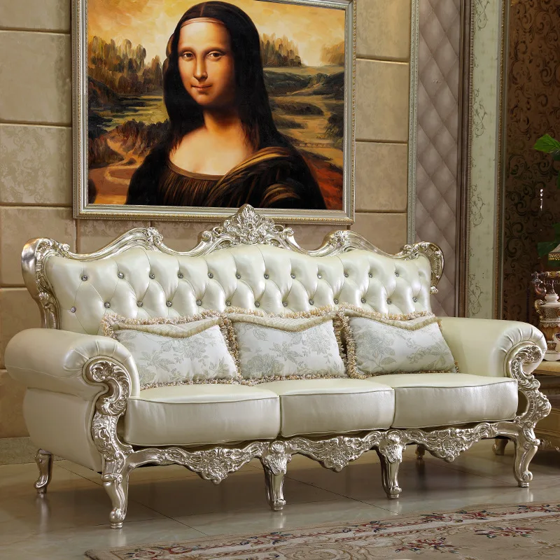 New European Leather Sofa High-end Art Combination Luxury Solid Wood Villa Gold Leaf Palace Couch Large Apartment Furniture