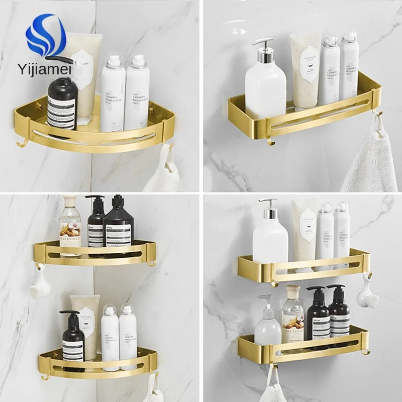 

Aluminum Bathroom Shelf with Hooks Rectangle Kitchen Bathroom Shower Gel Soap Shampoo Brushed Gold Storage Organizer Rack Holder