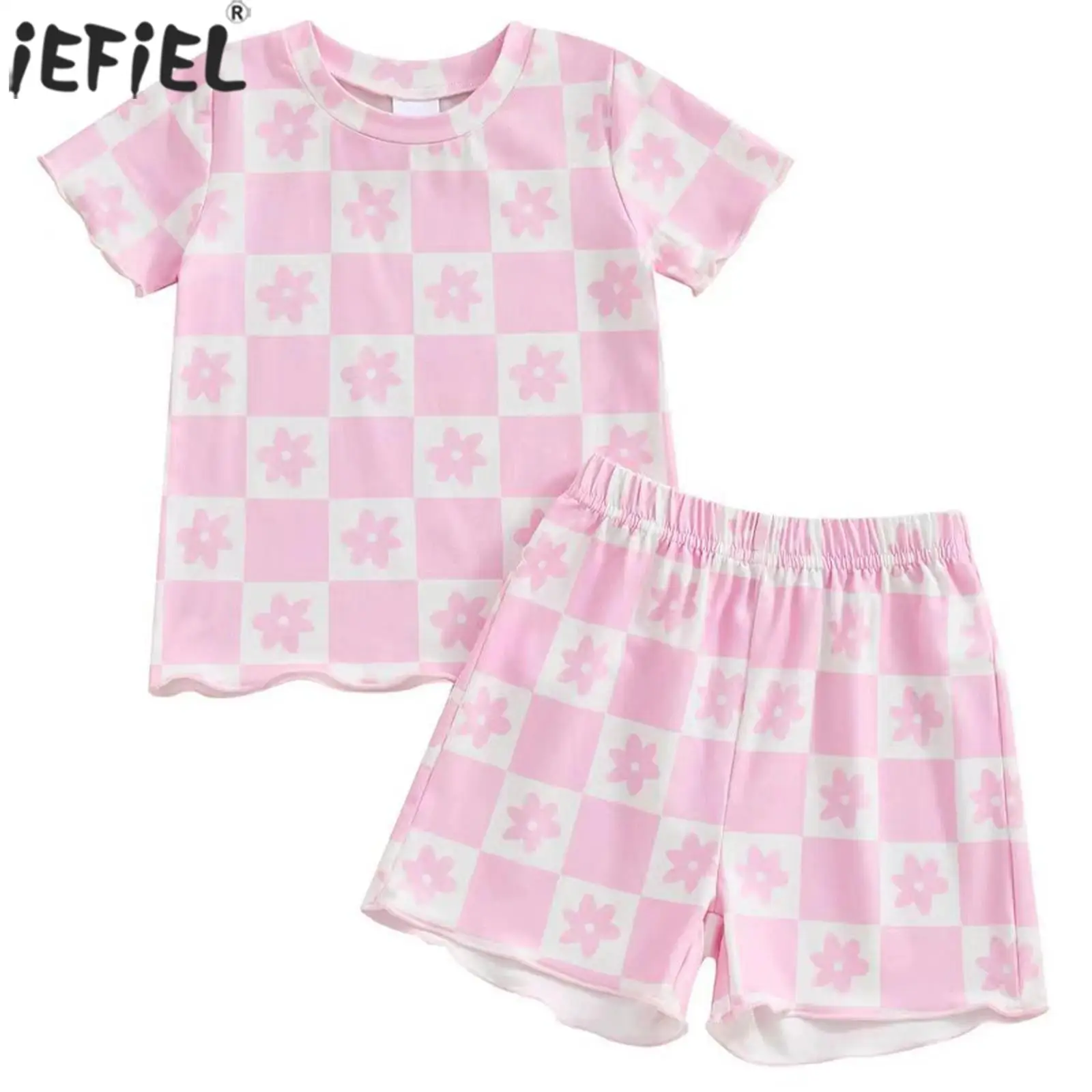 Toddler Baby Girls Summer Outfits Flower Print Short Sleeve Ruffle T-shirt Tops with Shorts Set Kids Casual Home Lounging Wear