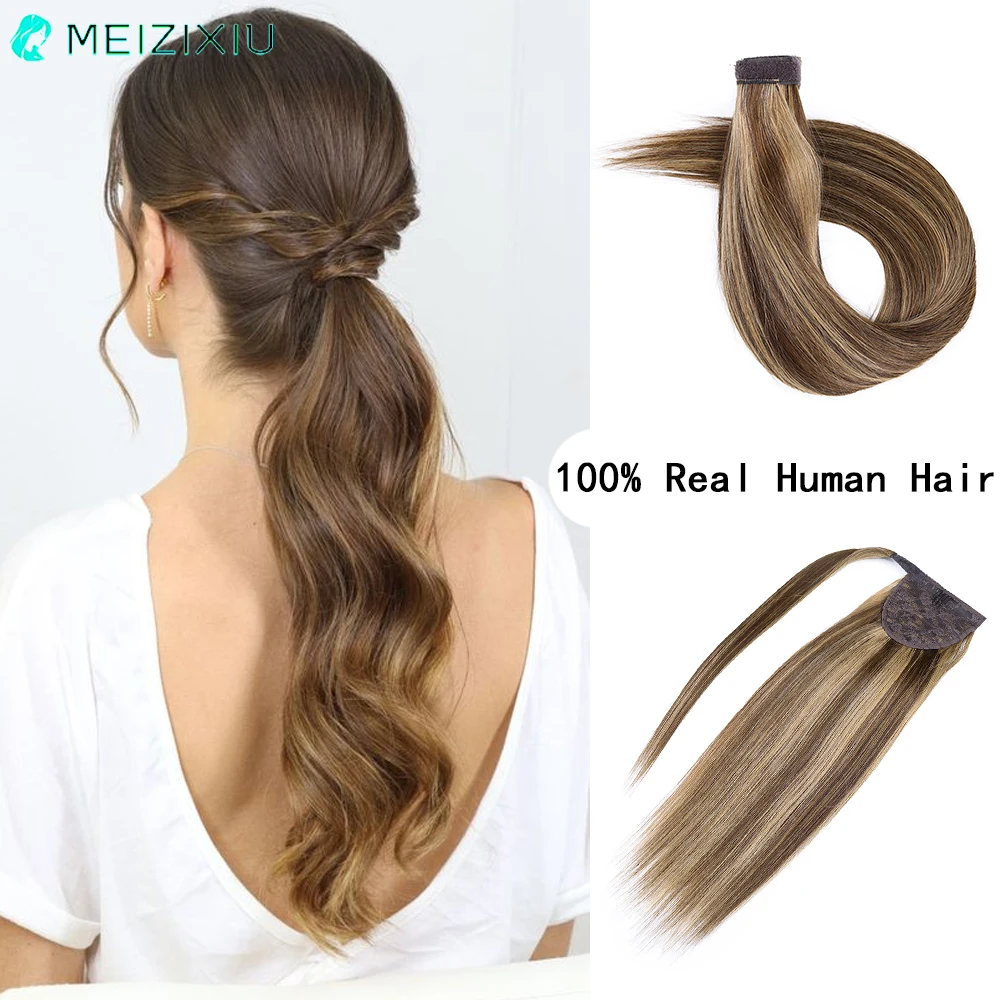 

Highlight Brown Ponytail In Hair Extensions 100% Real Hair PonyTail In Human Hair Extensions For Women Magic Wrap Around 22 Inch