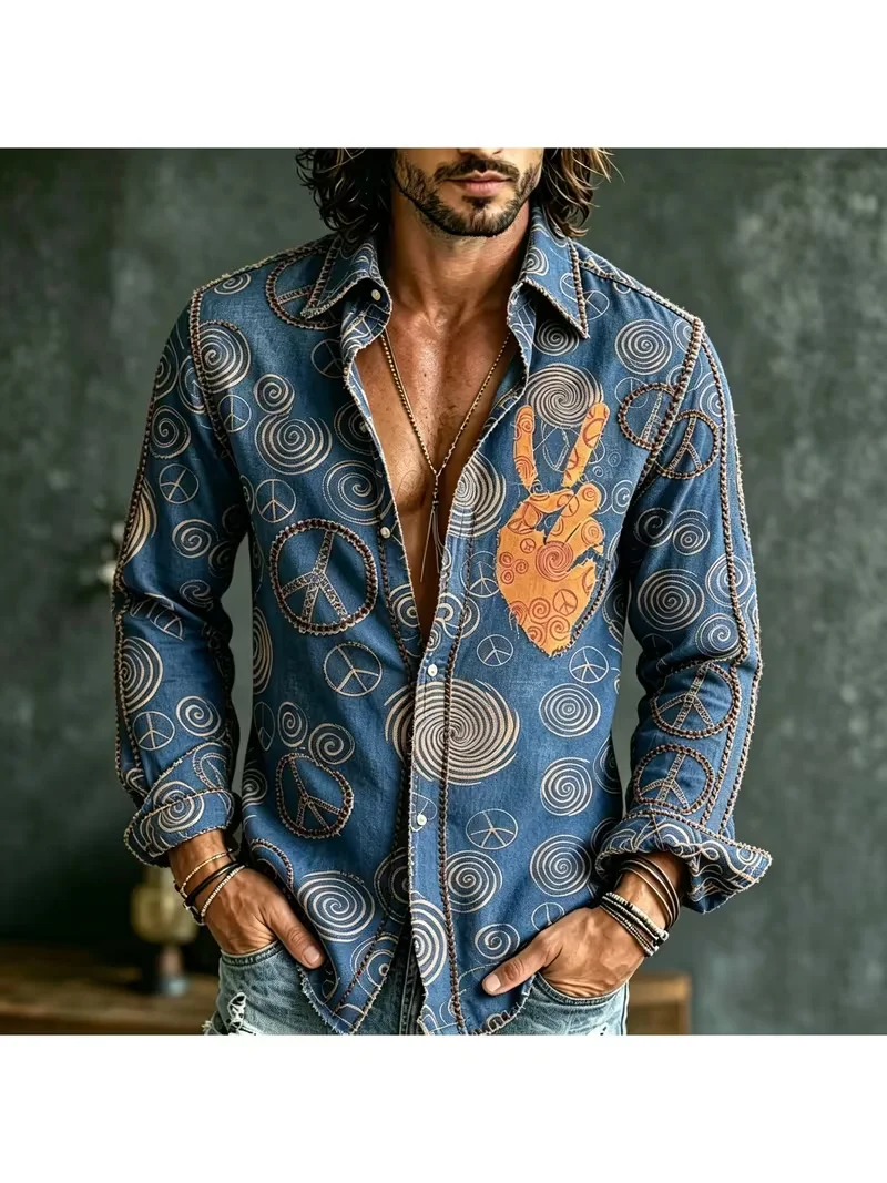 New Bohemian patchwork sun moon peace symbol printed shirt, retro hippie style men's loose long sleeved shirt