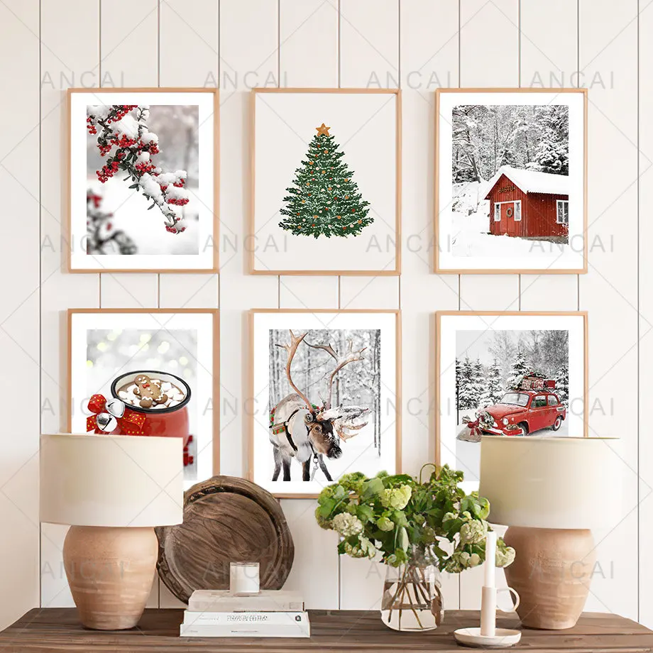 Winter Christmas Landscape Poster Print Snowman Squirrel Elk Coffee Canvas Painting Wall Art Pictures for Living Room Decoration