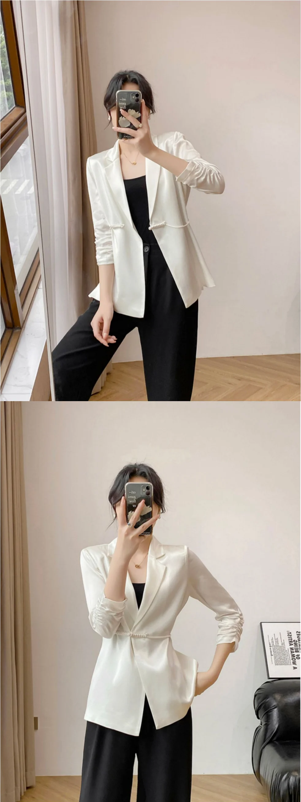 Damenjacke für Frühling und Herbst, neue Arbeitskleidung im chinesischen Stil, modischer und eleganter weißer Freizeitblazer, Satin-Acetat-Stoff, schwarzer Blazer mit Dreiviertelärmeln und einem Knopf – Detail 3