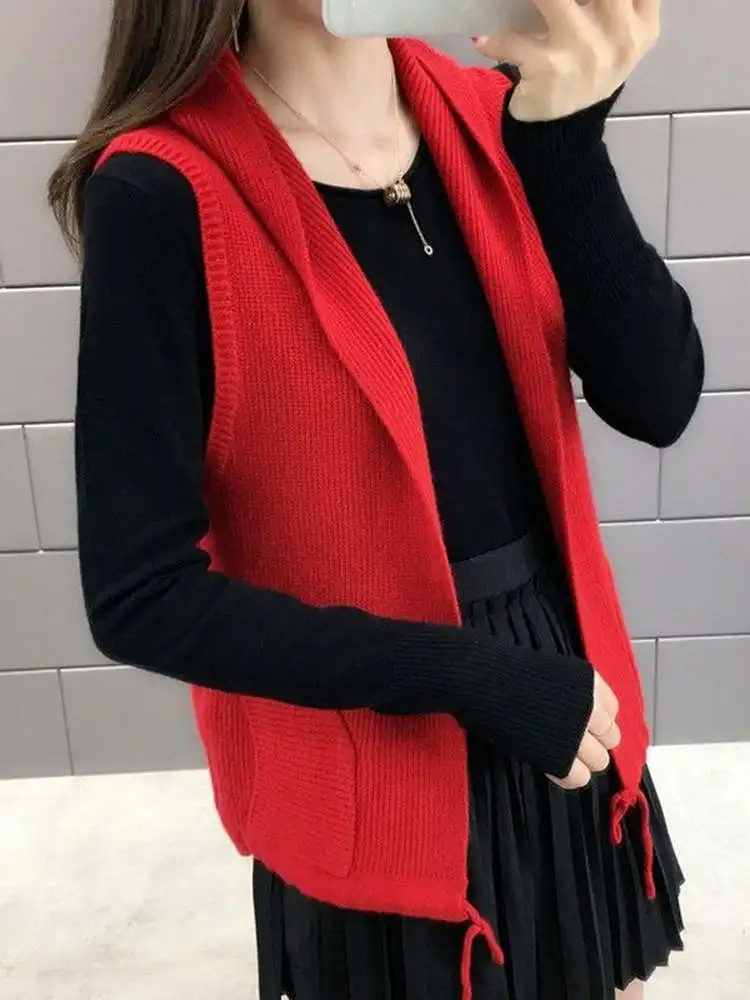 Spring Autumn Knitted Sweater Vest Women's Open Cardigan Sleeveless Loose Outerwear Hooded Vest Breathable Comfortable Casual