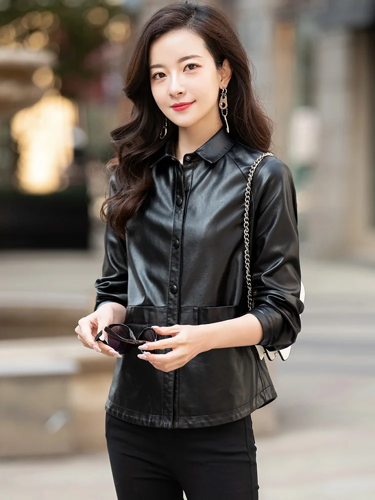 Haining Genuine Leather Coat Women's Short Sheepskin 2023 Spring New Korean Large Loose Leather Jacket Casual Coat