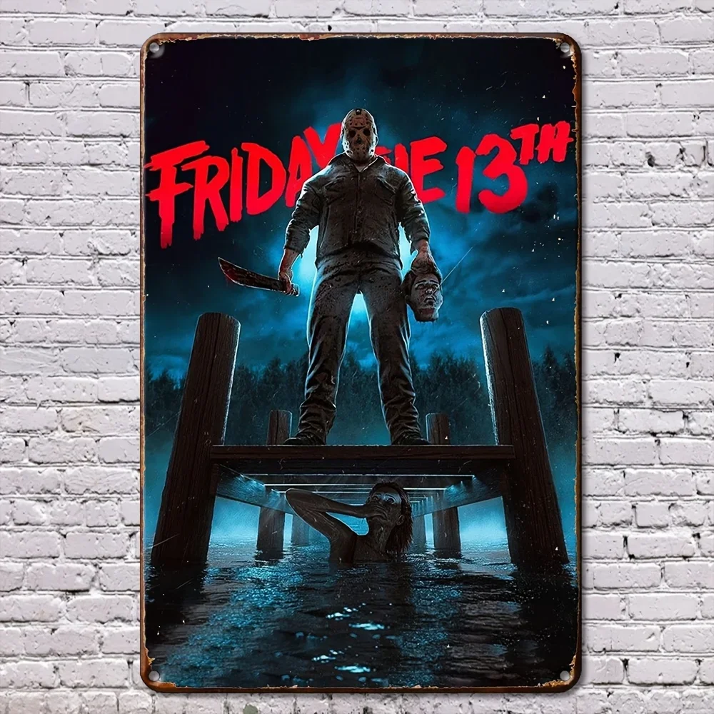 علامة F-Friday the 13th Jason Voorhees المعدنية المصنوعة من القصدير - لوحة فنية جدارية حديدية، مقاومة للماء والغبار - مثالية لديكور المنزل والبار والمقهى