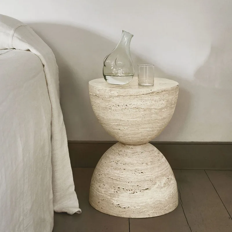 

Wabi, creativity, art, yellow travertine, side table, simplicity, bedroom, bedside table