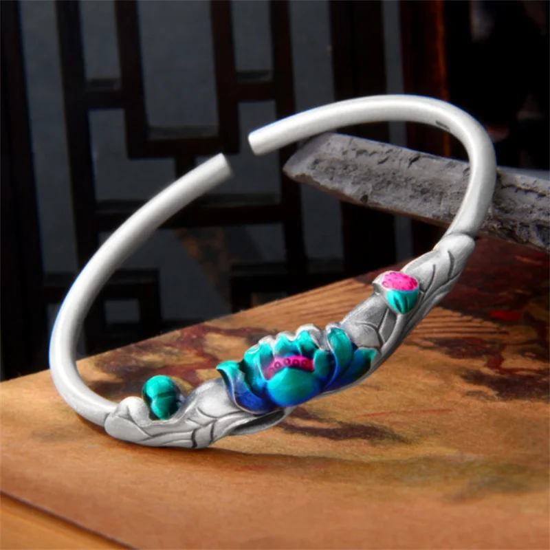 

Ethnic Style Lotus Leaf Colored Enamel Bangle Women Jewelry Open Size Lucky Temperament Lady Bangle Hand Accessories