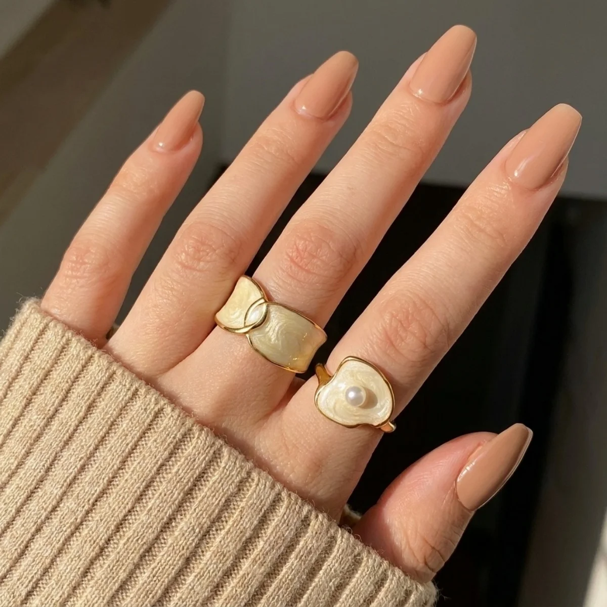 Edelstahl-Rechteck-Naturstein-Emaille-Fingerringe für Damen und Herren, königlicher Vintage-geometrischer Imitationsperlenring, Schmuck – Detail 14