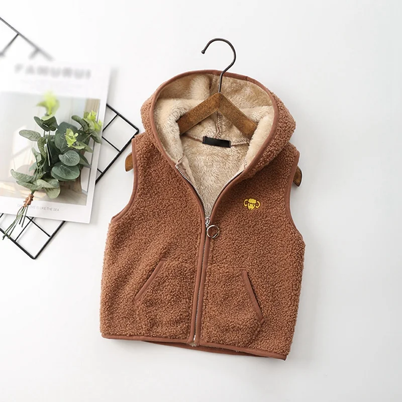 Autumn Winter Lamb Wool Plus Velvet Children Vest  Sleeveless Hooded Outerwear Solid Casual Vest Baby Boy Girl Warm Kids Coat