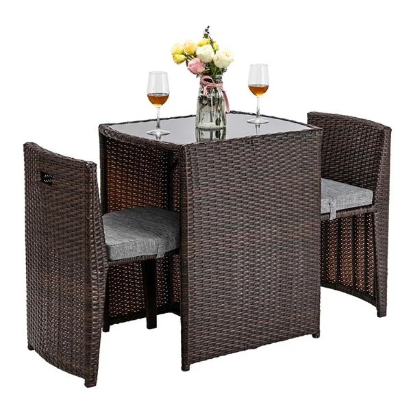 Outdoor Patio Furniture Set 3PCS Rattan Wicker Bistro Set with Glass Top Table 2 Chairs Space Saving Design Brown