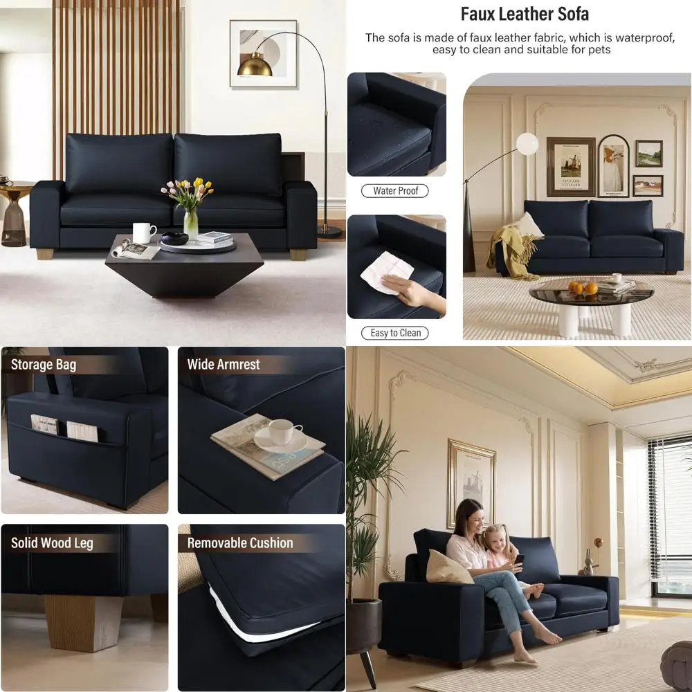 

Mid-Century Modern Loveseat Sofa with Wide Arms, Side Pockets, and Solid Wood Frame for Comfortable Living and Office Use