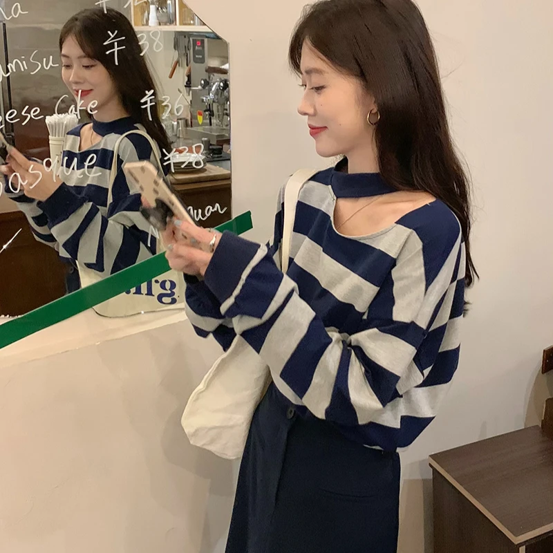 Striped T Shirt Women Autumn Hollow Out Ins All-match Long-sleeved Elegant Fashion Soft Aesthetic Attractive Loose Ulzzang 2024