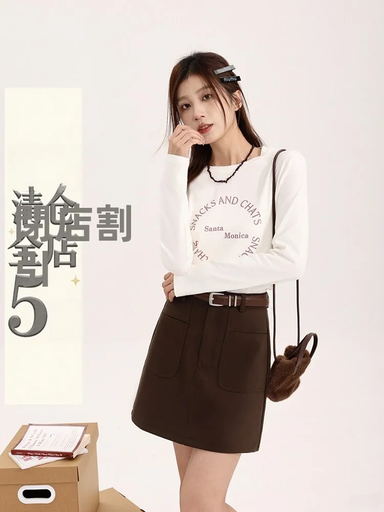 

White Long Sleeve Plaid Shirt And T-Shirt Women's Fashion Set Yang Bubble Vintage Two-Piece Suit Collar Crew Neck