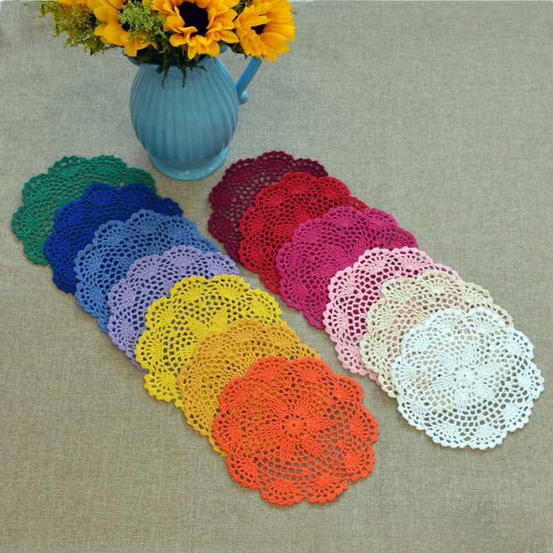 20cm Round Placemat Cup Coaster Mug Kitchen Christmas Table Place Mat Cloth Lace Crochet Tea Coffee Pan Doily Handmade Pad