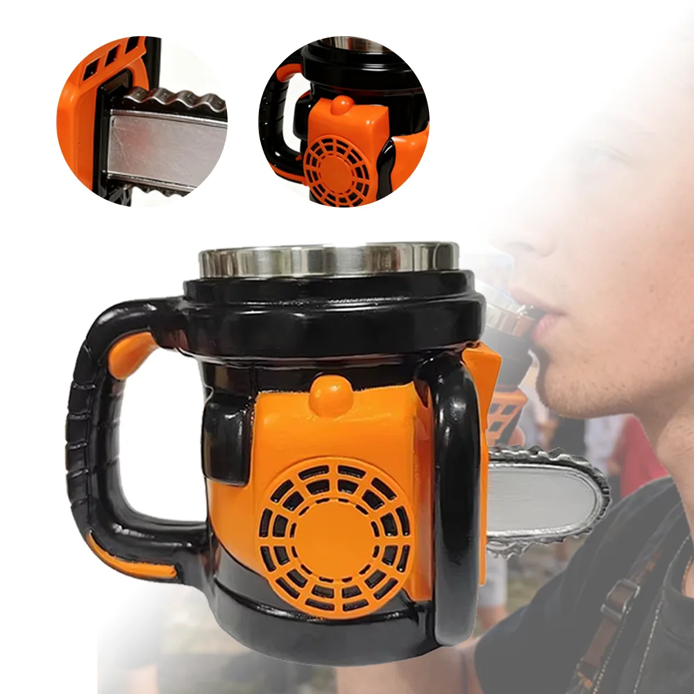 300ml Kreative Simulations-Kettensägen-förmige Kaffeetasse, Lustiger Neuartiger Harz-Trinkbecher mit Griff, Einzigartiges Desktop-Ornament Schreibtisch-Deko, Mehrzweckbecher für Kaffee, Tee, Bier,