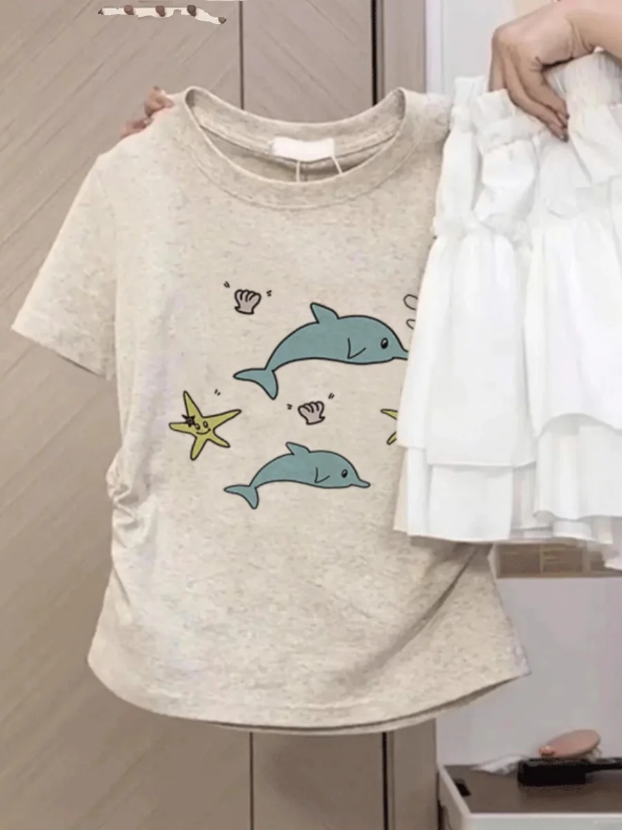 

American Sle ort Sve T-irt Women's Slim Fit Design Summer New Small Size Waist-Cut Top round Ne ort Length