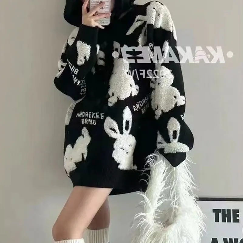 Fashion Cartoon Rabbit Knitted Sweaters Autumn Winter Casual O-Neck Loose Commute Women\'s Clothing Korean Letter Midi Jumpers