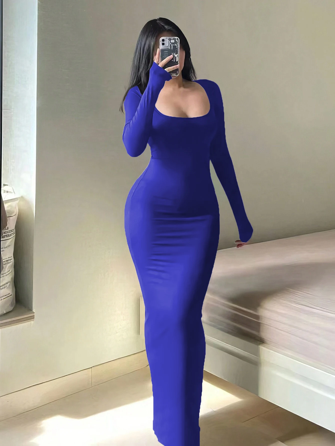 Effen bodycon-jurk met lange mouwen voor dames, chique basic minimalistische casual mode lange jurk met ronde hals, dameskleding