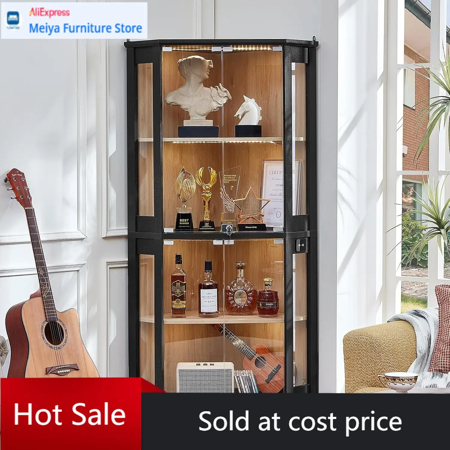Black Corner Curio Cabinet Glass Doors Tri Color LED Motion Sensor Light