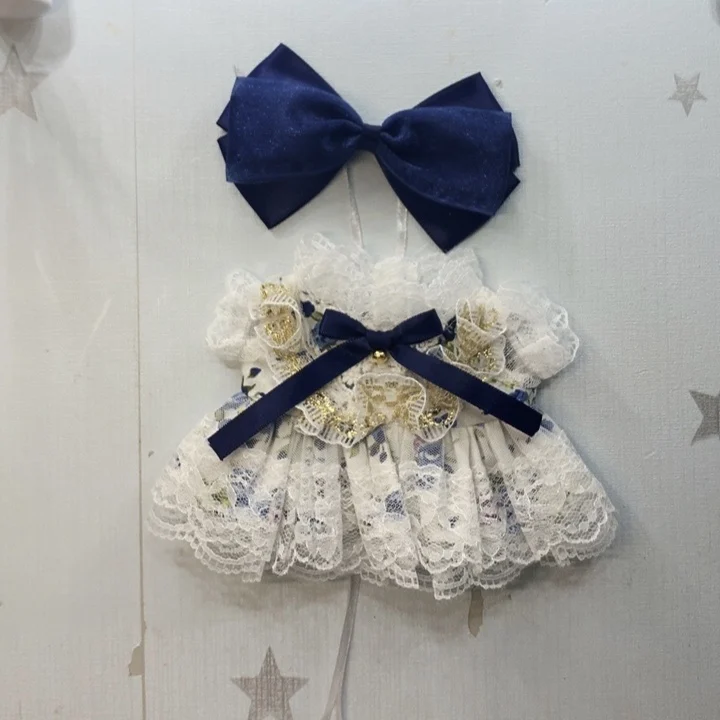 Feito à mão 2pc 15/20/40cm boneca roupas azul arco vestido de renda floral kpop bonecas de pelúcia roupa brinquedos do bebê boneca acessórios cos terno