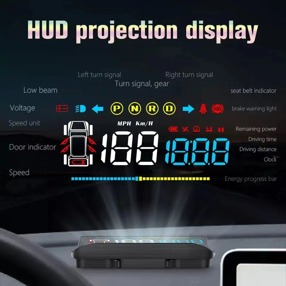 T4 OBD Mirror HUD Head Up Display for Tesla Model 3 & Model Y Mileage Safety Indicator Light Driving Time Speed Power Indicator