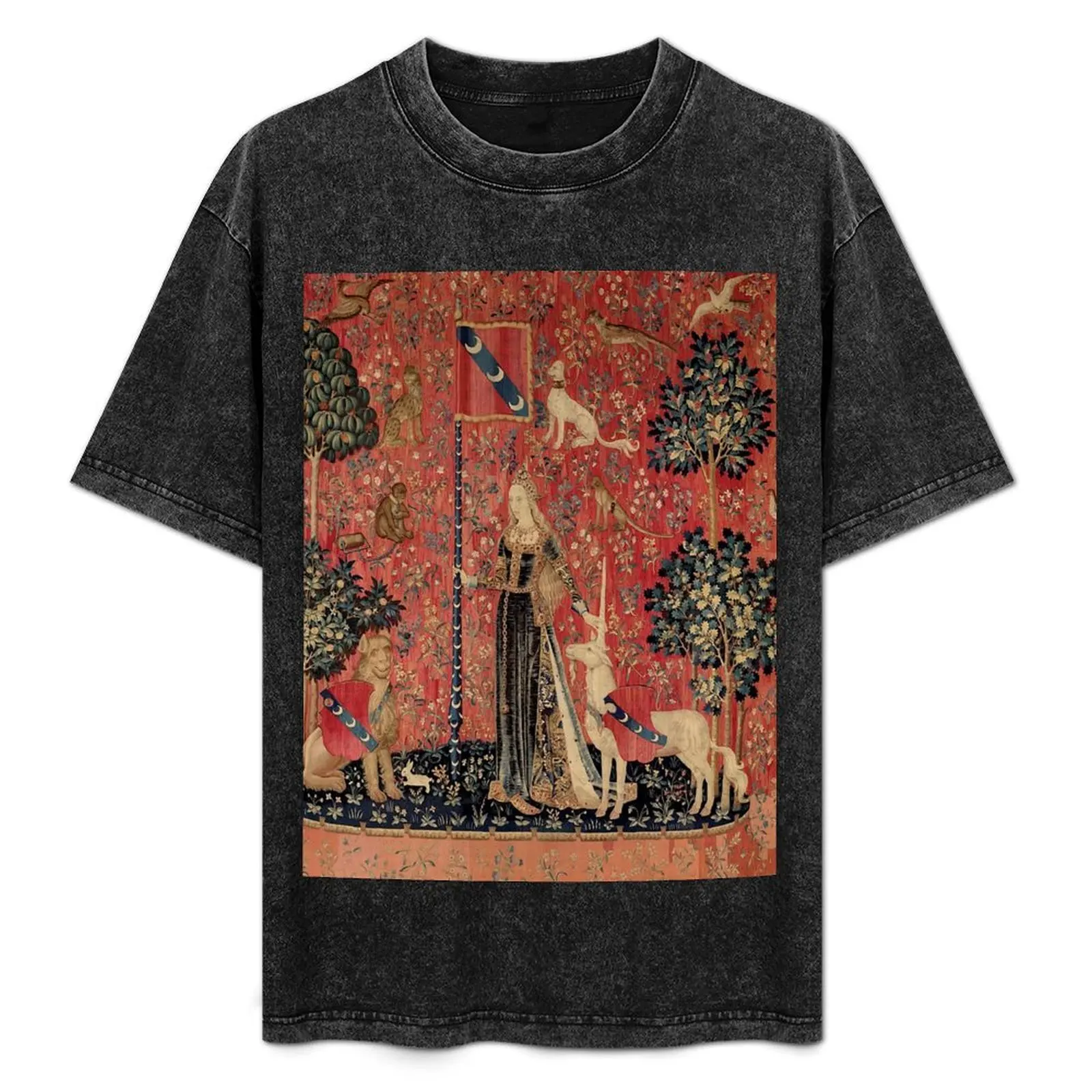 

Medieval Unicorn Floral Tapestry T-Shirt Big and Tall Basic Tee Shirt