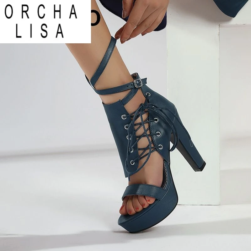 

ORCHA LISA Luxury Sexy Female Sandals Peep Toe Block Heels 11.5cm Platform 3.5cm Buckle Strap Plus Size 47 48 49 50 Dating Shoes