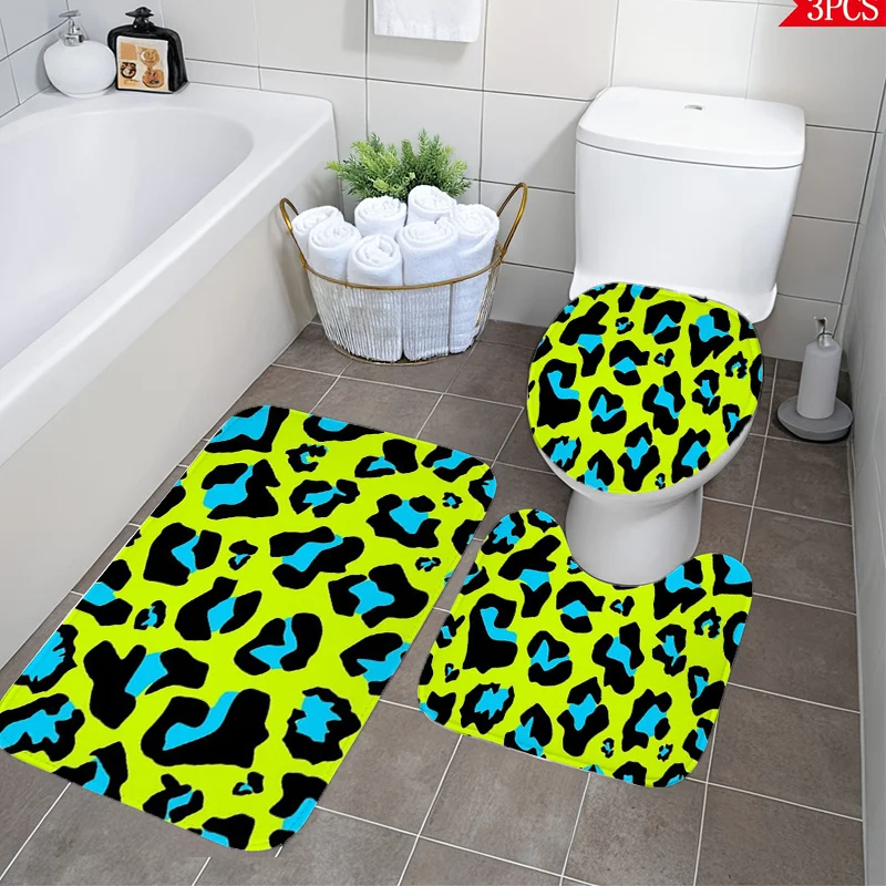 Neon Leopard 3pc Bath Set – Fluorescent Green & Blue Print, Flannel Toilet Cover, U Mat & Floor Rug, Soft Non-Slip Decor