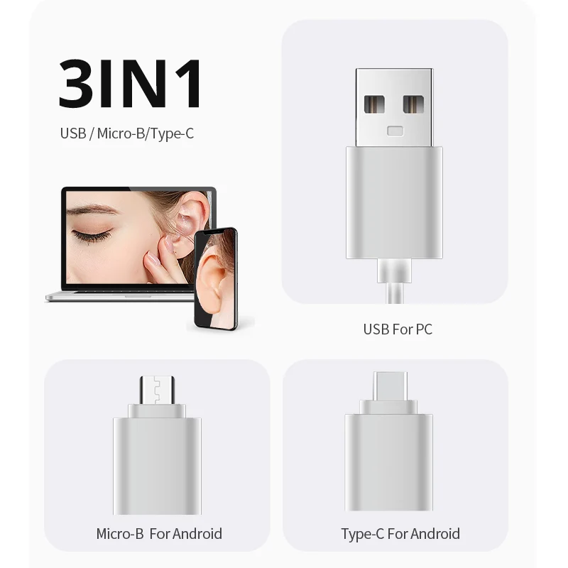 Cámara de eliminación de cera de oído USB, endoscopio de oreja con 6 LED ajustables, Compatible con Android, Smartphone, PC