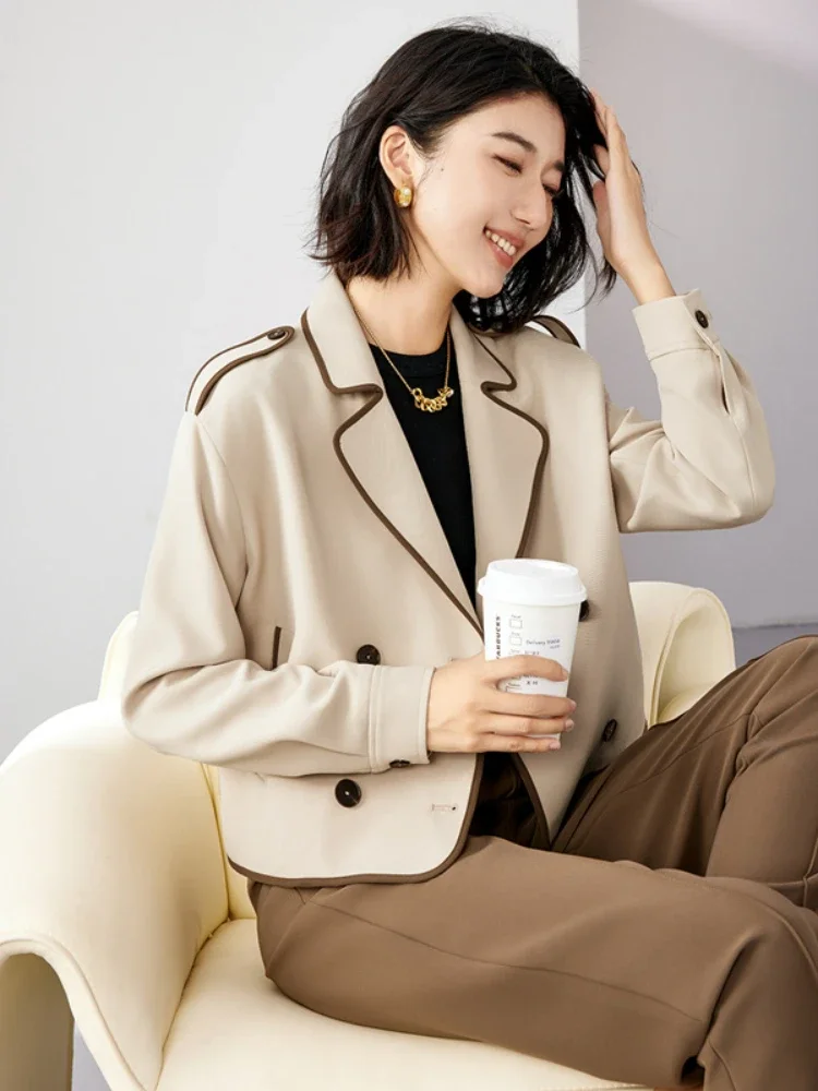 VIMLY Cropped Apricot Jackets Women 2025 Autumn England Style Contrast Notched Long Sleeve Coat Loose Button Female Jacket M2820