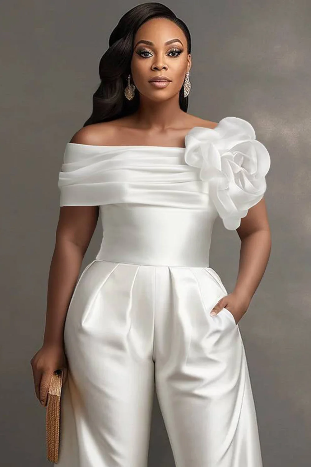 Plus Size Formal White Elegant Off The Shoulder 3D Pocket Satin Jumpsuits