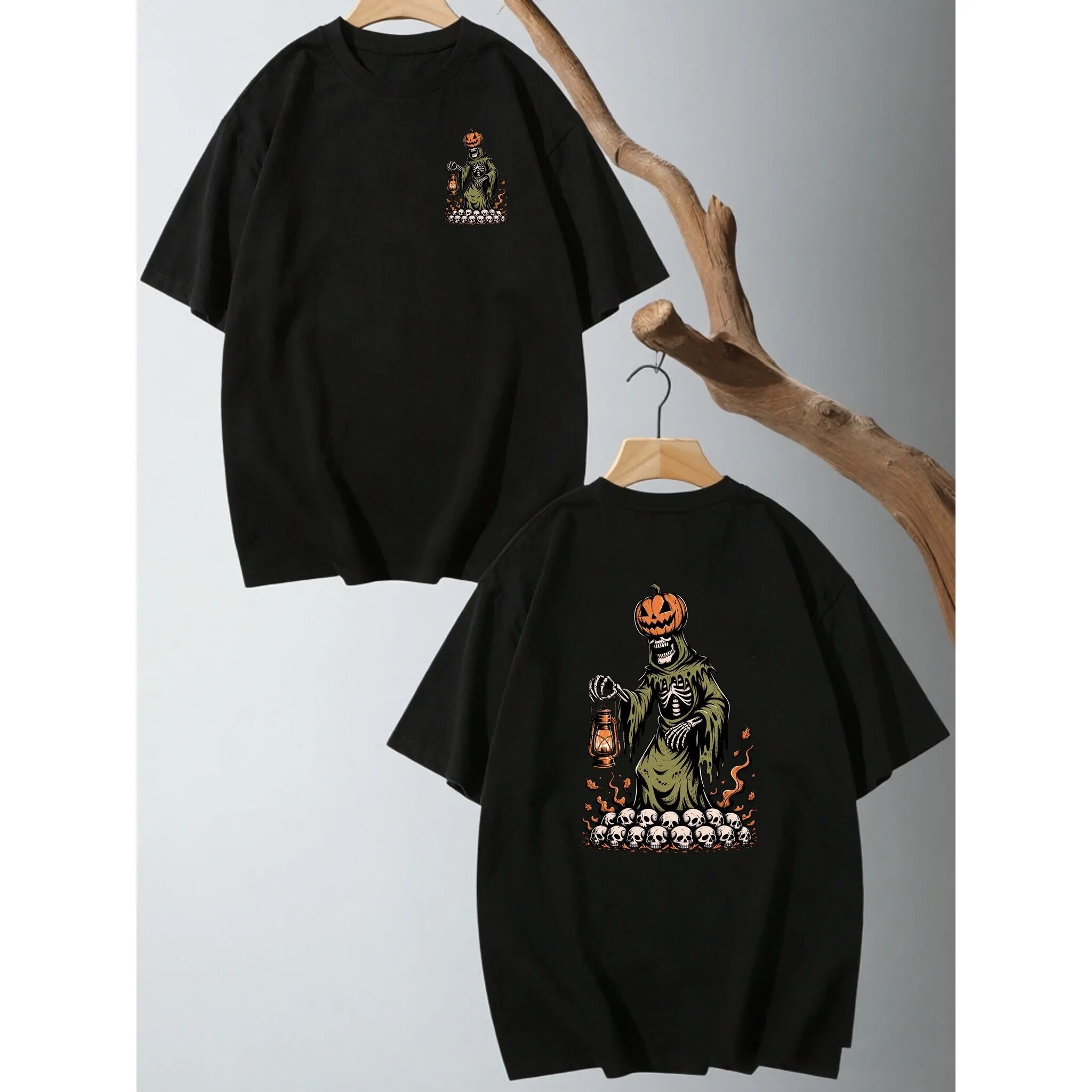 Double-sided Printed Short-sleeved Shirt Black T-shirt Halloween Pumpkin Head Skeleton Reaper with Lantern and Skulls