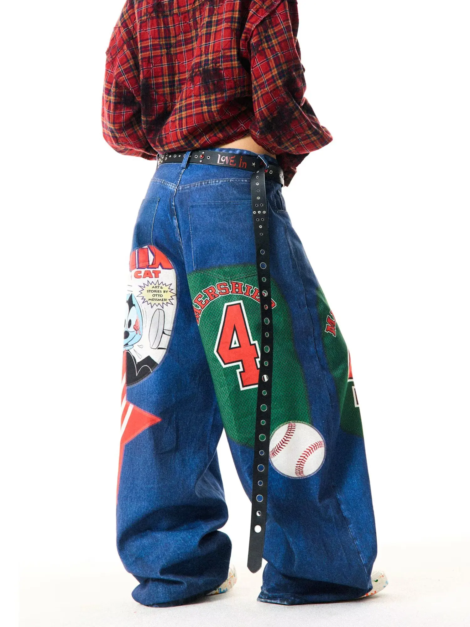 Pantalones vaqueros con estampado de parches de contraste Retro para mujer, Pantalones rectos americanos de Spice Girl, pantalones de pierna ancha de baile callejero coreano 2025