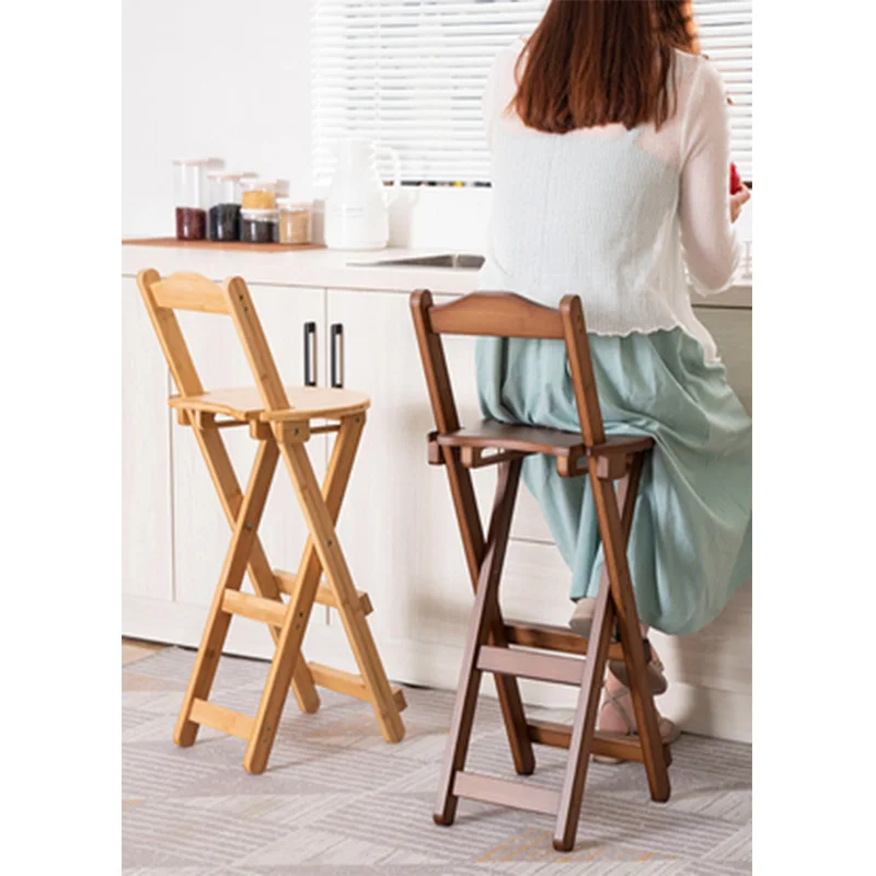 Household Simple Bar Chair Foldable Backrest Bar Stool Restaurant Bar Stool Living Room Solid Wood Kitchen High Stool Chair