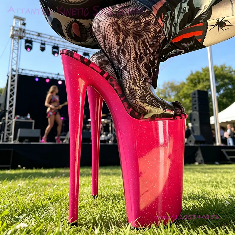 Rose Red Open Crystal Slippers 10 Inches 26cm Peep Toe Leopard Print Insoles Sexy Open Heel Glitter Pole Dancers Red Stage Shoes