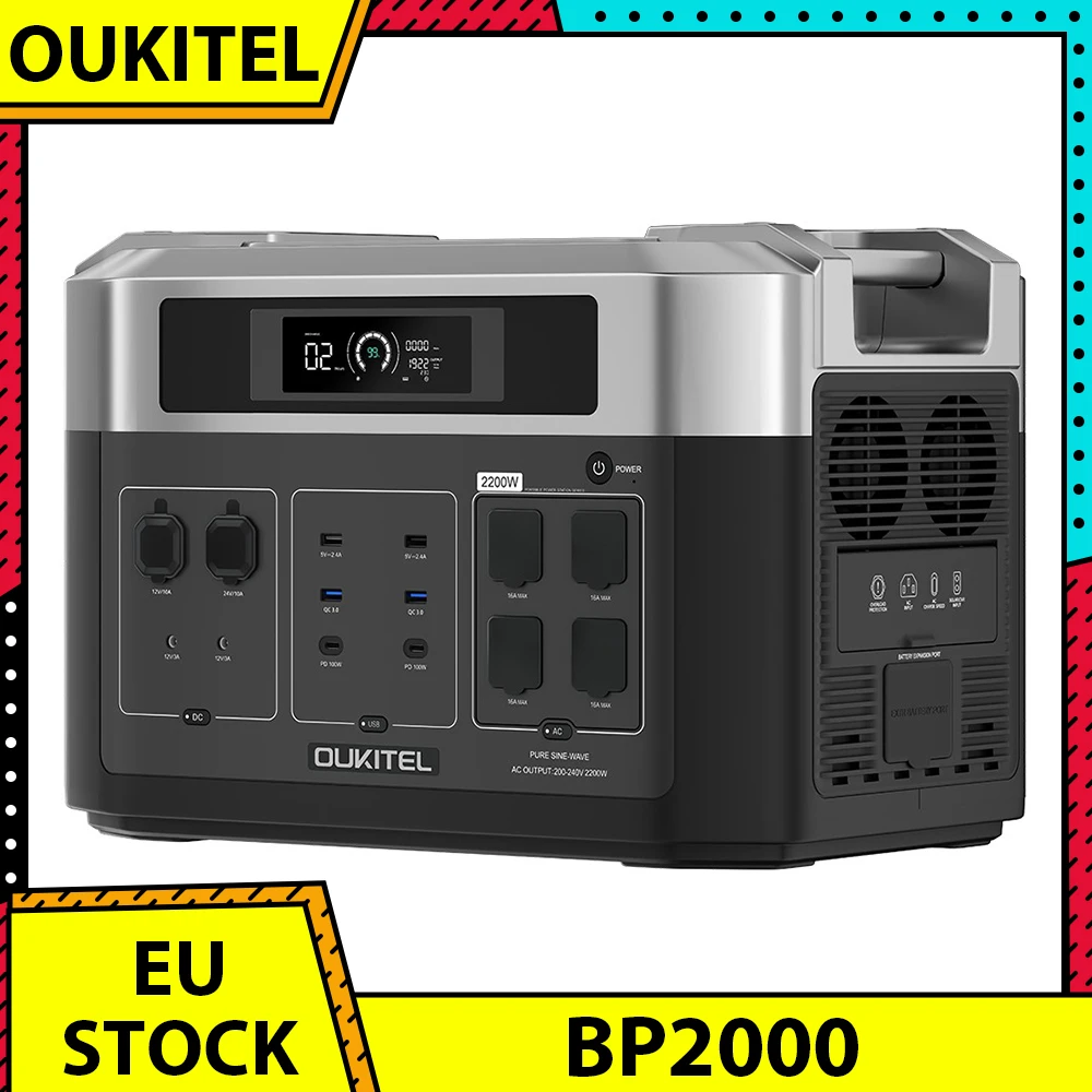 OUKITEL BP2000 Portable Power Station, 2048Wh/640000mAh LiFePO4 Battery Solar Generator, 2200W AC Output, 2000W UPS, 1800W AC