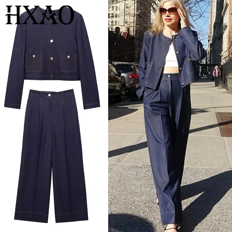 

HXAO 2025 Комплекты брюк Женский комплект из двух предметов Укороченный бомбер Широкие брюки Джинсовый комплект Женский повседневный комплект из 2 предметов Мешковатые джинсы Женские комплекты