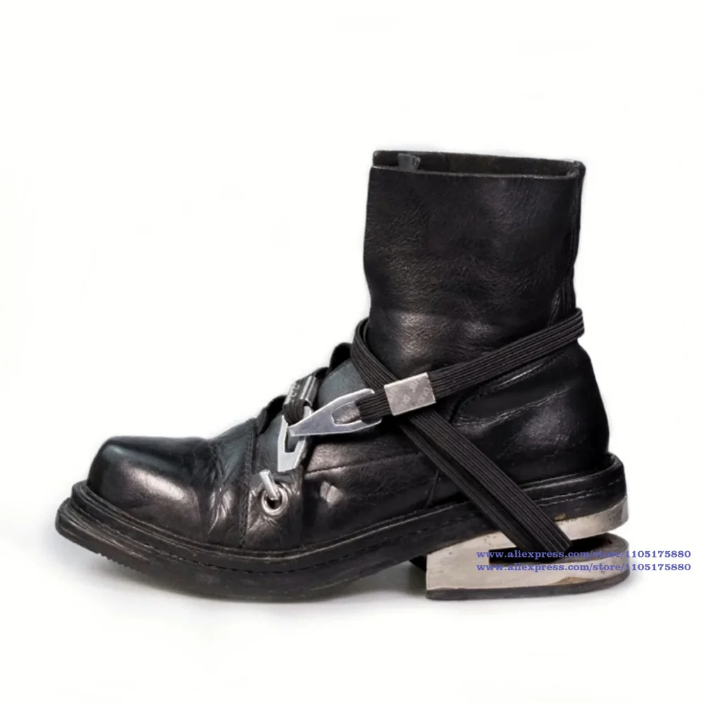 Strange Metal Chunky Heel Motorcycle Boots Black Leather Lace-Up Men's Boots Round Toe Booties Designer Men's Shoes Botas Mujer