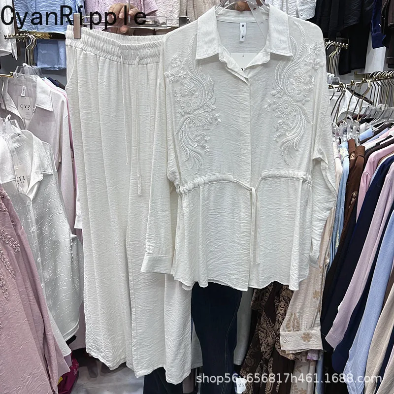 

2026 New Spring Summer Women Two-piece Set Drawstring Beads Loose Cardigans Shirts + Elastic Waist Casual Wide Leg Long Trousers
