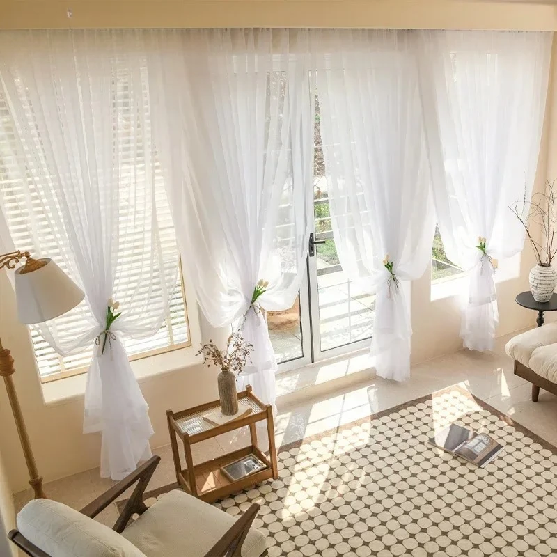Modern White Tulle Sheer Window Curtains for Living Room Bedroom Dining Transparent Partition Wedding Home Decor Drapes 커튼 1PC