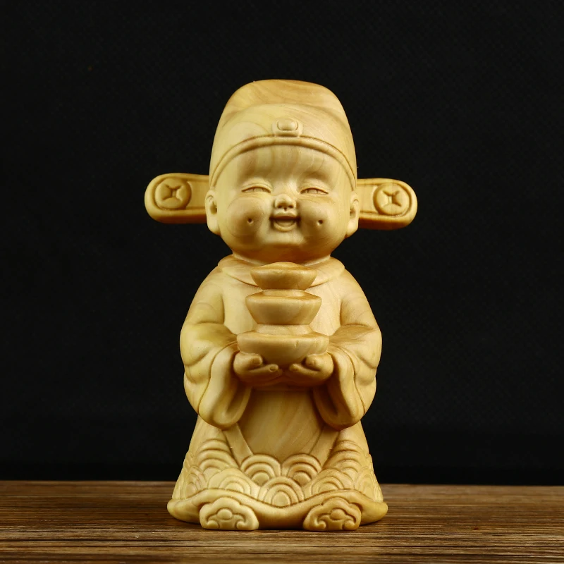 

6*5.4*10cm Boxwood Half-handmade Wealth of God Collective Chinese Fengshui Delicate Carving Small Hand Piece Ornaments