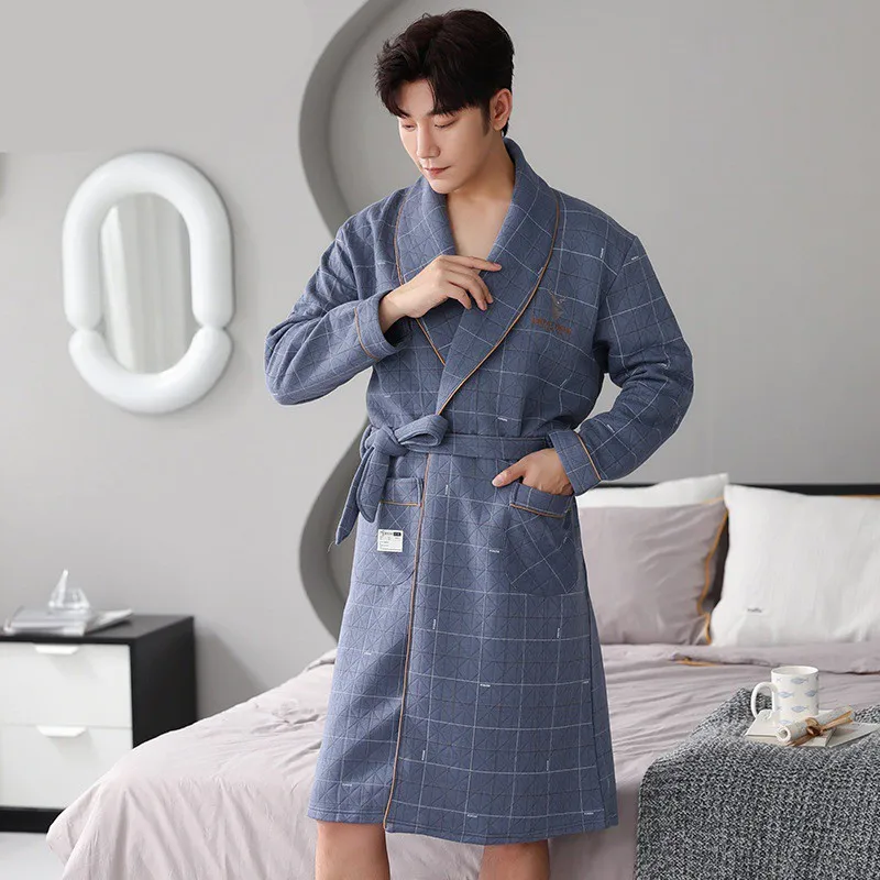 Winter Men Cotton Quilted Thick Bath Robe Kimono Male Turn Down Collar Bathrobe Plus Sleepwear Casual Man Warm Dressing Gown