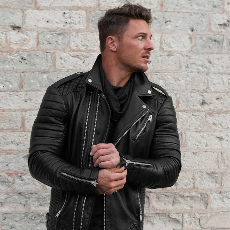 Men’s Biker Quilted Smooth Leather Jacket Rock Star Black Lambskin Jacket Fashion Trends