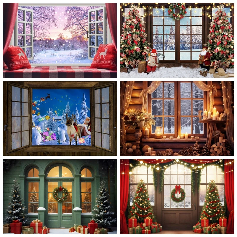 

Winter Window Curtains Forest Snow Photography Backrop White Candle Christms Party Home Decor Photo Background Studio Props