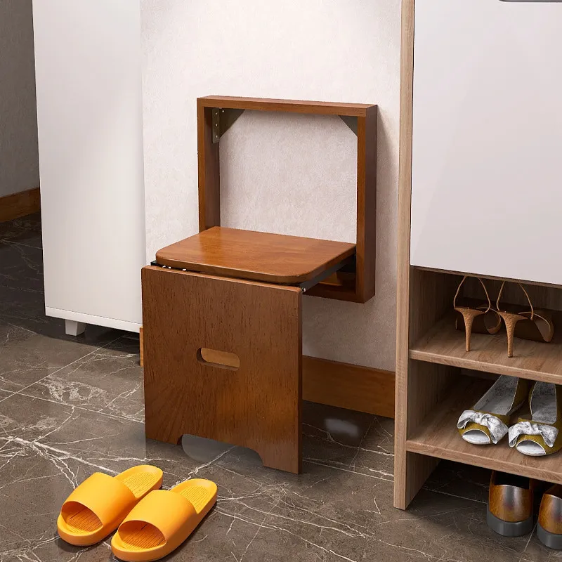 Solid Wood Folding Wall Stool Space Saving Entryway Seat for Bathroom Home Retractable Ottomans Hinge Invisible Footrest Bench