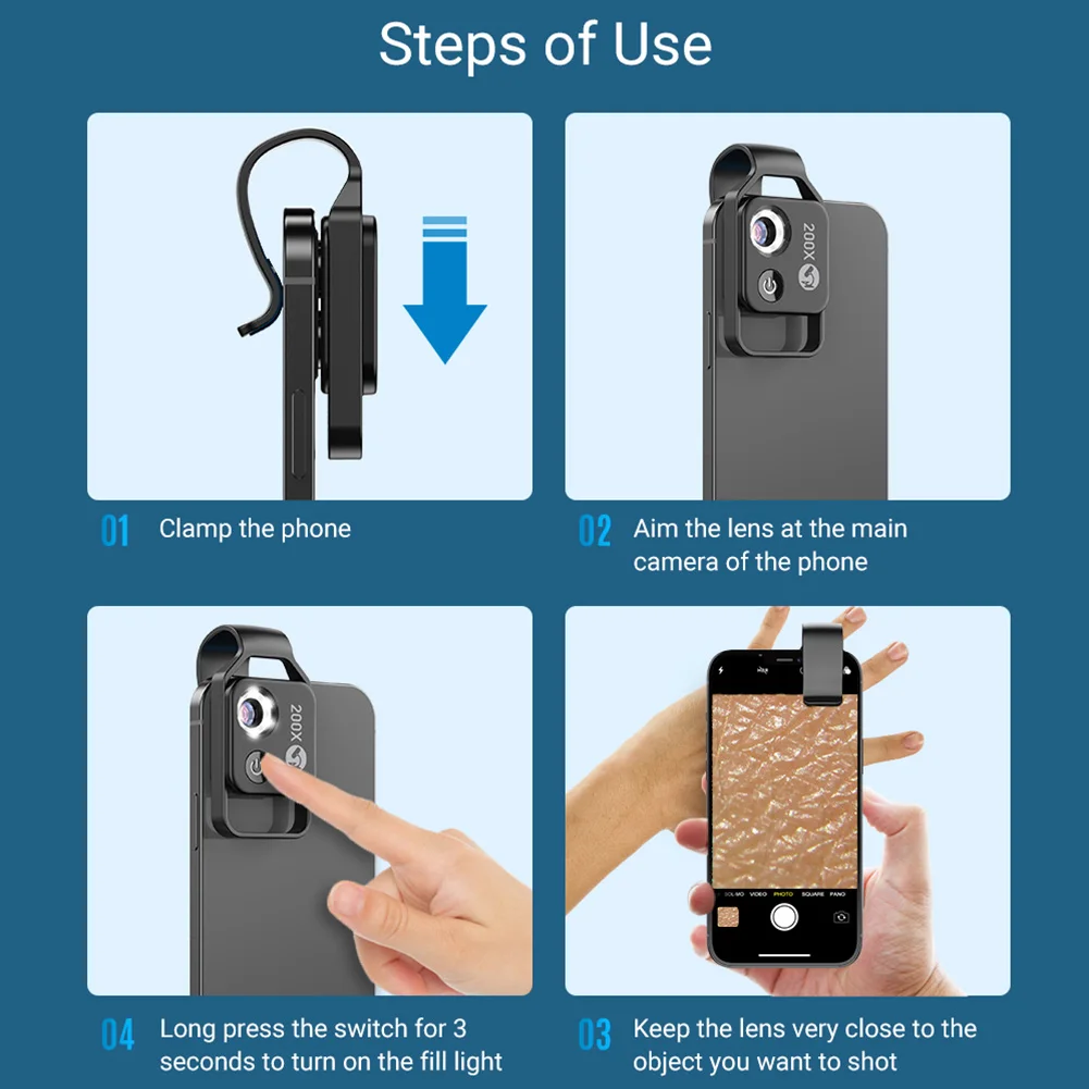 

200X телефон мини-микроскоп клипса для смартфона карманный микроскоп USB-C зарядное увеличение объектив микроскопа для большинства смартфонов