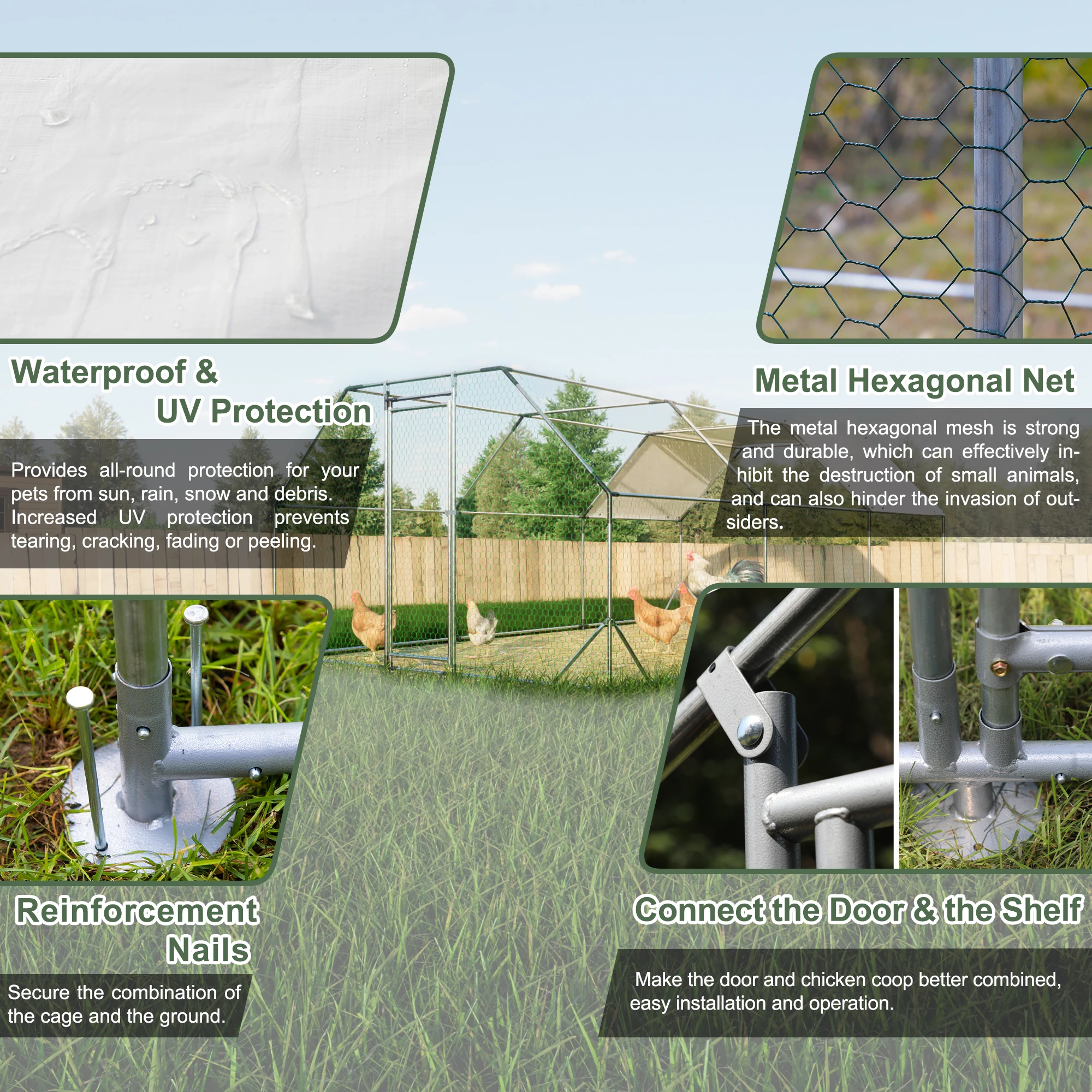 حظيرة دجاج معدنية كبيرة مع غطاء مقاوم للماء في الهواء الطلق المشي في قفص الدواجن الضميمة القلم لساحة المزرعة الفناء الخلفي