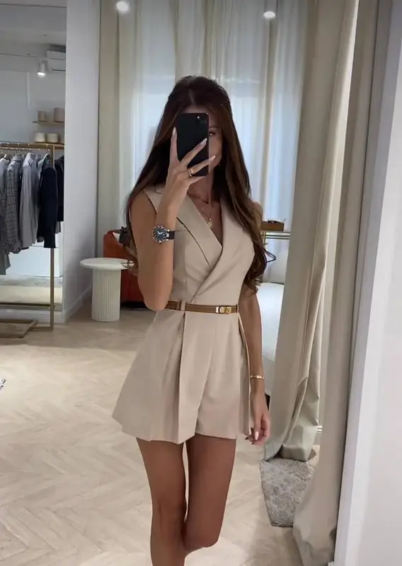 Casual Sleeveless Jumpsuit For Women Solid Color Slim Fit Lapel Jumpsuit 2024 Fashion New Temperament Commuter Jumpsuit For Lady