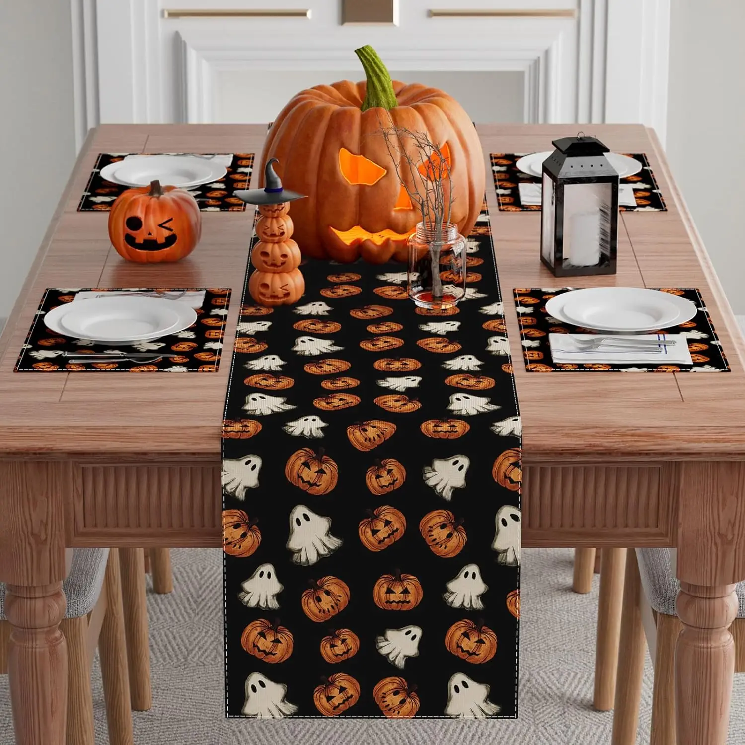 Halloween Black Spooky Ghost Pumpkin Linen Table Runner Party Decor Reusable Kitchen Dining Table Runner Halloween Decorations